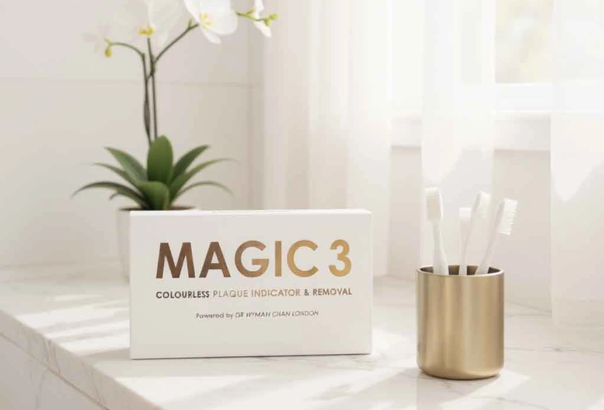 Magic 3 box on a bathroom counter